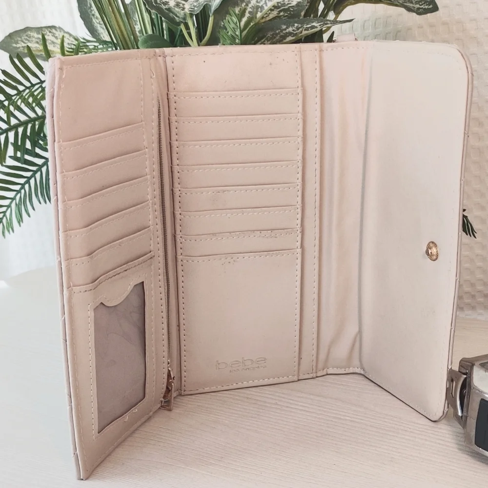 Bebe Women's Sand Beige Faux Leather Trifold Wristlet/Wallet